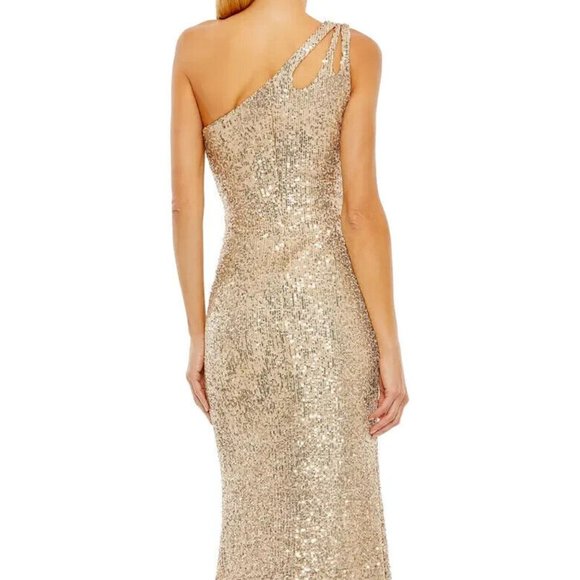 MAC DUGGAL 42029 SEQUINED STRAPPY ONE SHOULDER GOLD COLUMN GOWN sz 14 - Picture 2 of 5